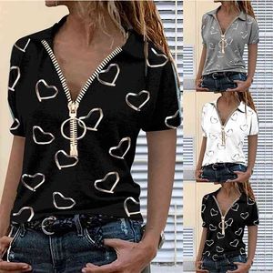 Kvinnors Summer Zipper T Shirt V Neck Casual Loose Short Sleeve Top Plus Size Ladies Kläder 210623