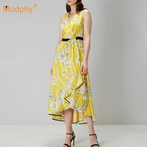 夏のファッションプリントMidi Dress VestidosセクシーなVネックノースリーブプリーツエレガントな有名人クラブパーティーAライン210527