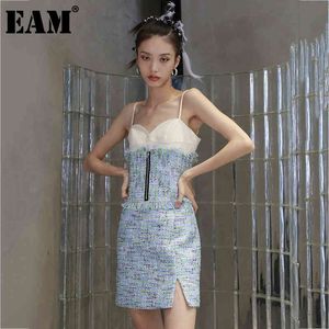 [Eam] Mulheres Blue Tweed Midi Elegante Spaghetti Strap Vestido Sem Mangas Loose Fit Moda Mola Outono 1dD0248 21512