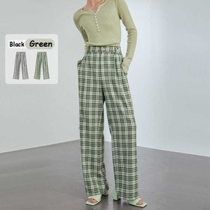 FANSILANEN Casual streetwear green plaid pants Women spring summer straight checkered Female black high waisted trousers 210607