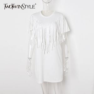 Twotwinstyle White PUタッセルビードチェーンドレス女性半袖ミニドレス女性カジュアルな服韓国の夏服210517