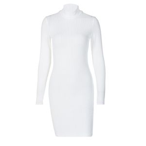 Women Autumn Dress Full Length Regular Sleeve Turtleneck Solid Color High Waist Sheath Casual Style Mini 210522