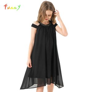 Toddler Girl Sukienki Lato Czarny Szyfonowy Slip Sukienka Dla Dzieci Plaża Nosić Casual Girls Party Dress Codzienne Ubrania 8 10 12 14 lat Q0716