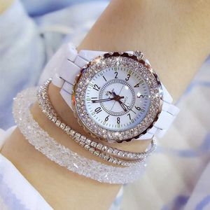 Luxury Crystal Wristwatche Vit Keramiska Ladies Watch Quartz Mode Klockor Armbandsur för Kvinna 210616