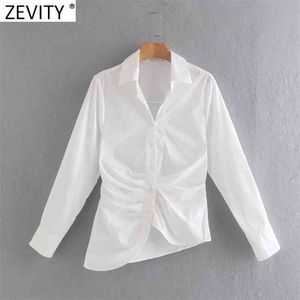 Women Fashion Breasted Pleats White Poplin Shirt Office Lady Long Sleeve Irregular Blouse Roupas Chic Chemise Tops LS9098 210416