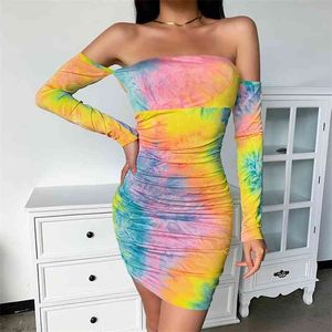 Tie-gefärbt Plus Size Print Sommerkleid Abend Vintage ES Mini Party Bodycon Langarm Strand Frauen Robe Vestido Prom 210423