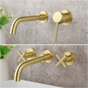 Lyx Borstat Golden Tap Väggmonterad Badrum Basin Sink Kran Solid Brass Hot Cold Mixer Golden Bathtub Faucet