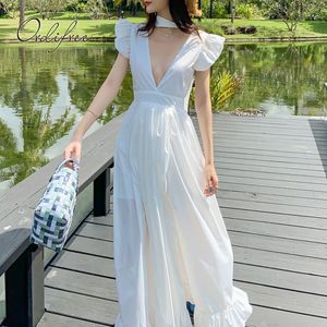 Летние глубокие V-образные шеи щедрость белые макси сексуальные рюшанные туника длинное пляжное платье 210415