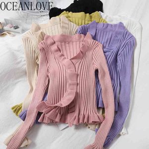 Ruffles Women Cardigans Solid Sweet Short Fashion Autumn Slim Sexy Sweaters Korean V Neck Mujer Chaqueta 19271 210415