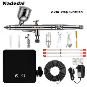 Nasedal Auto-Stop Функция Аэрограф Компрессор 0.3mm 7CC Двухэтажный Аэрограф Распылительный пистолет для Модель Торт Живопись Ногтей Арт Автомобиль 210719