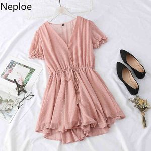 NAPOE Polka Dot Tulumlar Kadınlar Moda V Boyun Kısa Kollu Bayanlar Playsuits Zarif Lace Up Streç Bel Plaj Bodysuit 1D550 210423