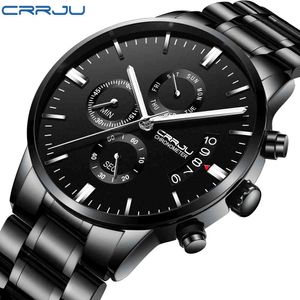 Crrju Mäns Business Casual Rostfritt stål Armbandsur Multifunktionell Kronograf Kvarts Klockor för Man Mode Clock Gift 210517