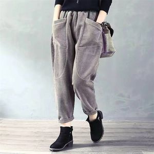 Autumn Arts Style Women Elastic Waist Loose Pants All-matched Casual Corduroy Vintage Harem Plus Size Trousers D503 210512