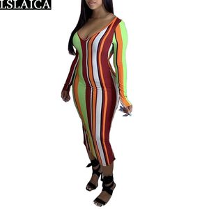 セクシーなボディコンの女性のドレス秋の縞模様の長袖VネックファッションレディースマキシスキニーストリートウェアパーティーVestidos 210520