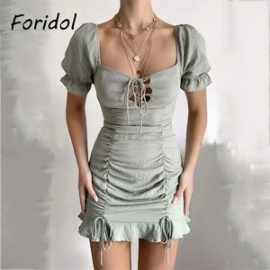 Vintage Ruched BodyCon Mini Summer Dress Delle Donne Donne Spiaggia Casual Casual Breve Bold Sleeve Green Drapped Lace Up 210427