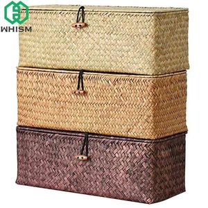 WHISM 3 Compartment Storage Box Wicker Rattan Basket With Cover Sundries Holder Case Container Jewelry Makeup Desktop Organizer 210922