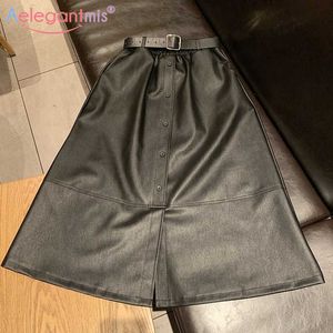 Aelegantmis Casual Long Faux Leather Skirt Women Loose A Line Pu Female Spring Mid Calf Black Harajuku 3 Colors 210607