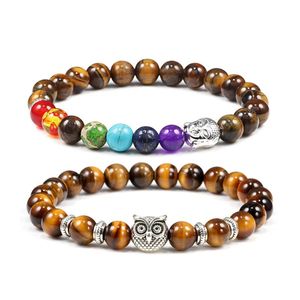 Beaded, Strands Men Women Natural Tiger Eye Stone Bracelet Healing 7 Chakra Strand Reiki Buddha Yoga Prayer Charm Jewelry Pulseira