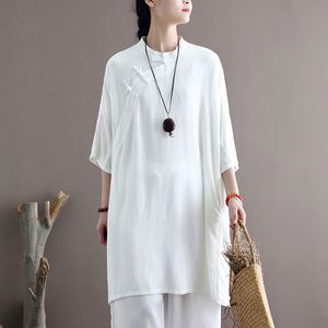 Johnature Women White Plus Size Shirts And Tops Vintage Stand Blouses Bat Sleeve Summer Button Female Linen Long Shirts 210521