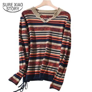 Herbst Winter Kleidung Frauen V-ausschnitt Strickpullover Baumwolle Koreanischen Stil Langarm Streifen Pullover Büro Dame 6679 210521