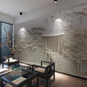Wallpapers Po Wallpaper Chinesischen Stil 3D Stereo Geprägte Landschaft Pavillon Hintergrund Wandgemälde El Wohnzimmer Kunst Papel De Parede
