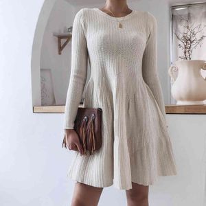 秋冬スリムエレガントなドレス女性の大きいスイングプリーツニットセーターミニドレスAライン編み物の綿のドレスフルソリッド210514