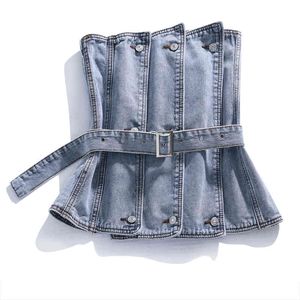 [Ewq] vår sommar ny sött denim ärmlös, baklöst bandeteau denim väst topp sexig mode trend dam blå camisol qx611 210423