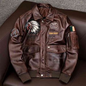 2021 chestnut Indian Bomber Fighter Genuine Leather Jacket 100% Real Cowhide Motorcycle Biker Coat Pilot Clothing
