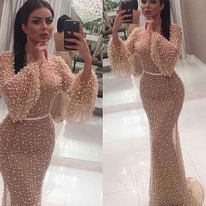 Luxury Pearls Pärlor Mermaid Dubai Evening Dresses Jewel Neck Långärmad Prom Klänning Formell Party Gowns Custom Made Robe de Mariée