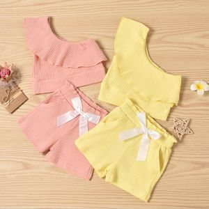 Baby Clothing Sets Girl Sleeveless Stripe Pit Flower Swimwear + Shorts Suits One Shoulder Ruffle Floral Bathing Suit Beachwear 2PCS/SET ZYY1023