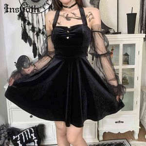 Insgoth mall goth svart mini klänning vintage estetisk mesh ärm höga midja klänningar gotisk sexig sammet fest outfit sommarklänning y1204