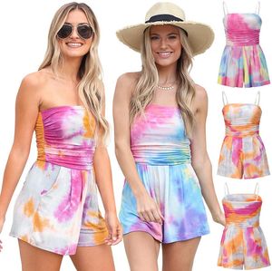 Summer Beach Tuta corta da donna senza maniche con spalline Halter Salopette da donna Tie-dye Cami Belt Pagliaccetto Tute ZYY982