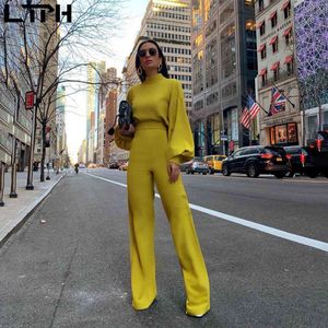 autumn and winter women jumpsuit Solid knit straight Ful sleeve lhigh collar hollow backless Long Siamese suit 210427