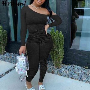 Jumpsuits for Women Casual Långärmad One Shoulder Stacked Pants Plus Size Solid Sweatsit Sportkläder Romper Bodysuit 210513