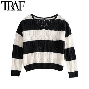 TRAF Women Fashion Hollow Out Striped Knitted Sweater Vintage V Neck Long Sleeve Loose Female Pullovers Chic Tops 210415