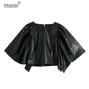 Women Fashion Faux Leather Cropped Blouses Vintage Batwing Sleeve Back Zipper Shirts Female Chic Tops 210520