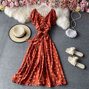 Summer Beach A-Line Print Dress female seaside holiday halter big swing midi long sweet floral V-neck dress vestido lady 210508