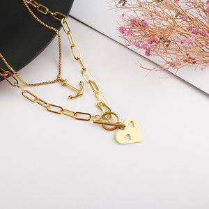 Pendant Necklaces Golden Anchor Heart-shaped Multilayer Necklace Stainless Steel Love Holiday Travel Beach Couple Jewelry Gift