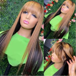 Fringe Wigs Ombre Honey Blonde Straight Remy Transprent Lace 360 Frontal Human Hair Wig 13x6 Lace Front Full Laces With Bangs