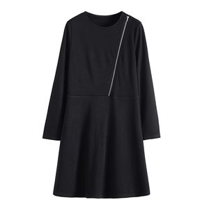 Black Asymmetrical Collar Zipper Long Sleeve Empire Mini A-line Dress Female Women D2331 210514