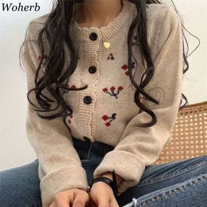Woherbの女性甘いカーディガン花柄の韓国のシックなニットのセーターコートgilrsかわいいニットジャケットストリートウェア秋のmodis 211011