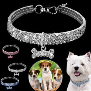 Odzież psa 1 sztuk 3 Rzędy Rhinestone Stretch Line Naszyjniki Pet Kot Crystal Obroże Akcesoria Dostawy