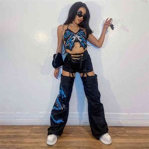 Y2k Two Piece Set Women's Tracksuit Fashion Hollow Out Patched Dragon Pants And Butterfly Camis Crop Top Female Outfit 210510