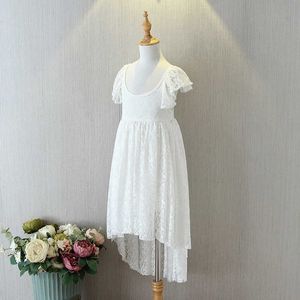 Kids Girls Full Lace Party Dress High Low Ruffles Beach White Long Holiday Cross Back Summer Clothes 210529