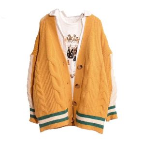 HSA Arrivi Donna Cardigan caldo Casual Maglione allentato a righe Maglioni Punto aperto Giacche lavorate a maglia oversize Cappotto giallo 210417