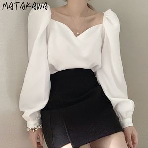 MATAKAWA Korea Chic Minimalist Square Collar Women's Shirt Loose Solid Color Blusas Simple Puff Sleeve Women Blouses 210513