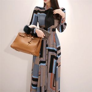 Spring Women Vintage Print Long Dress Ankle-length Fit And Flare Swing Dresses Casual Boho Style OL Vestidos 210603