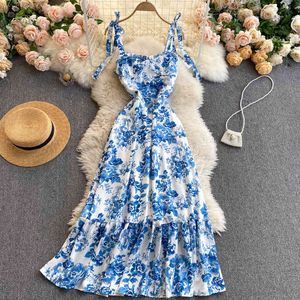Ftllz verão mulheres sexy spaghetti strap strapless mini vestido casual arco rebuffled floral impressão slim beach azul 210423