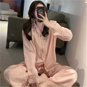 Różowy Patchwork Koronki Sleepwear Home Chic Loose Vintage Retro Cute Sweet Piżamy Nightwear Dwa kawałki garnitur zestawy 210525