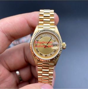 Relógio feminino de luxo com mostrador de diamante romano 69178 26 mm grande lupa à prova d'água automático ouro amarelo pulseira de aço clássico relógios de safira